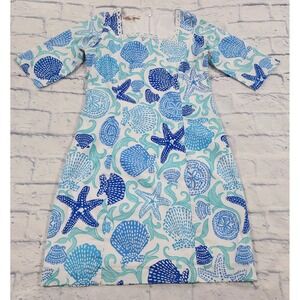 Barbara Gerwit Dress WOMENS SIZE XS Blue White Starfish Print 3/4 Sleeve